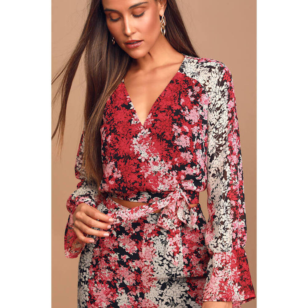 Lulus Happier Now Black Multi Floral Print Faux Wrap Long Sleeve Top - Size M